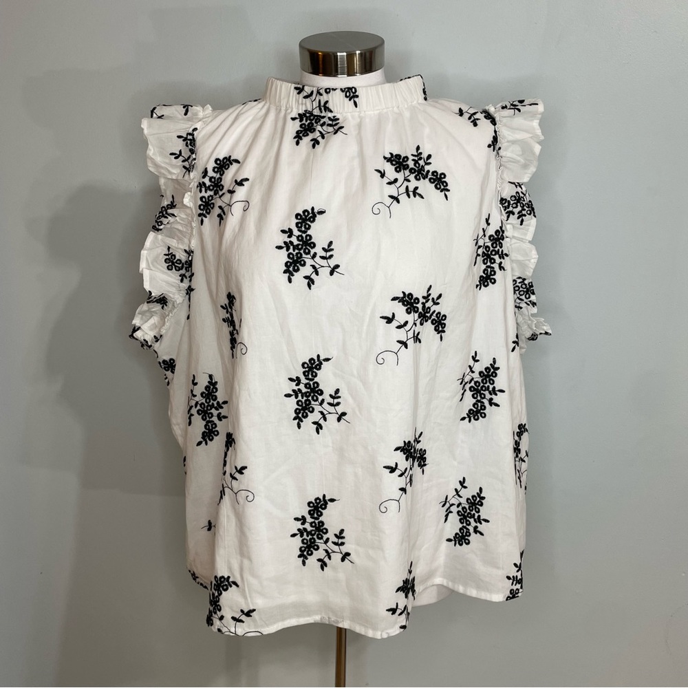 Ophelia Roe Mock Neck Floral White & Black Ruffle Sleeve Lined Blouse Size 3X